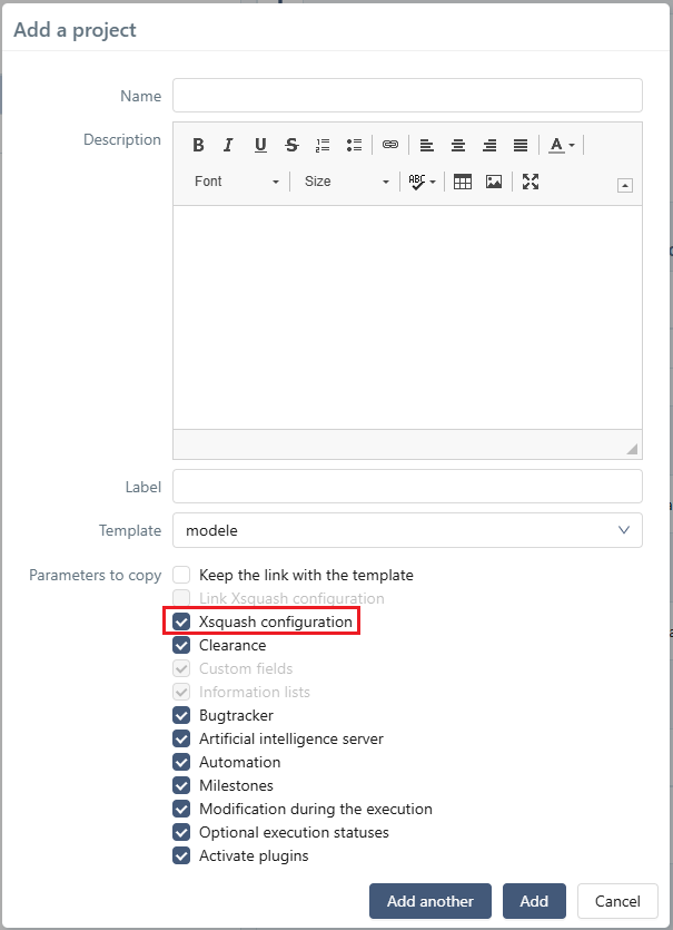 Use template's Xsquash4Jira configuration