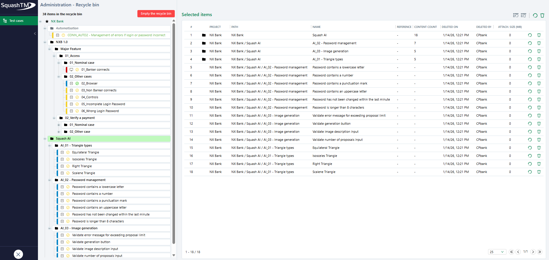 recycle bin management page