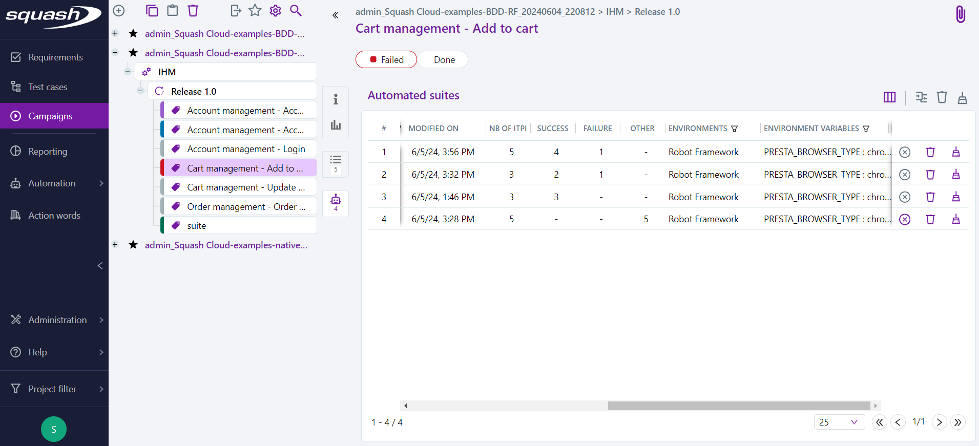 View the history of automated suites