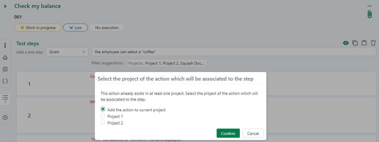 Choose the project for the action