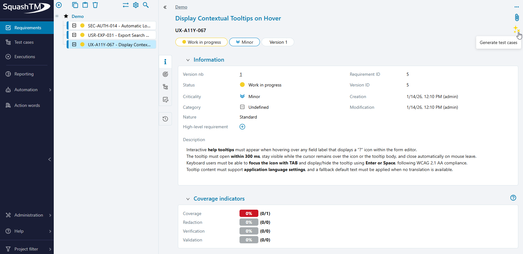 Generate test cases button from a requirement