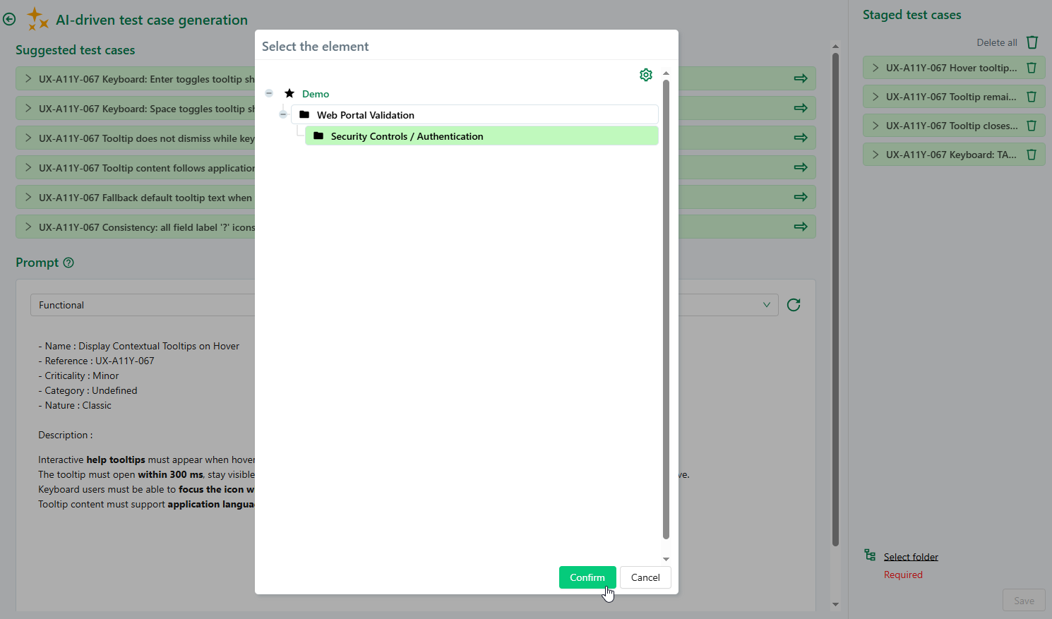 Destination folder selection popup
