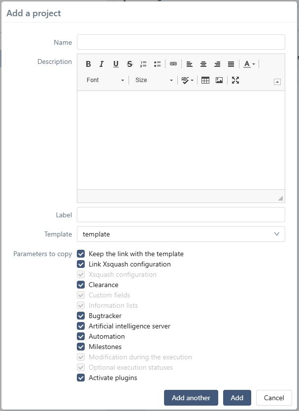 Pop-up - Create a template from the selected project