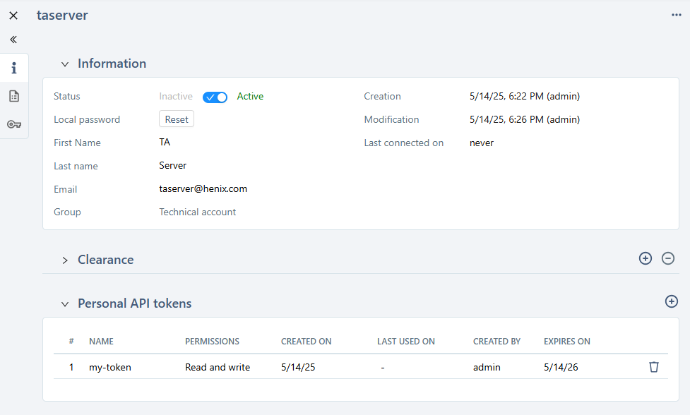 Admin - Technical account user page