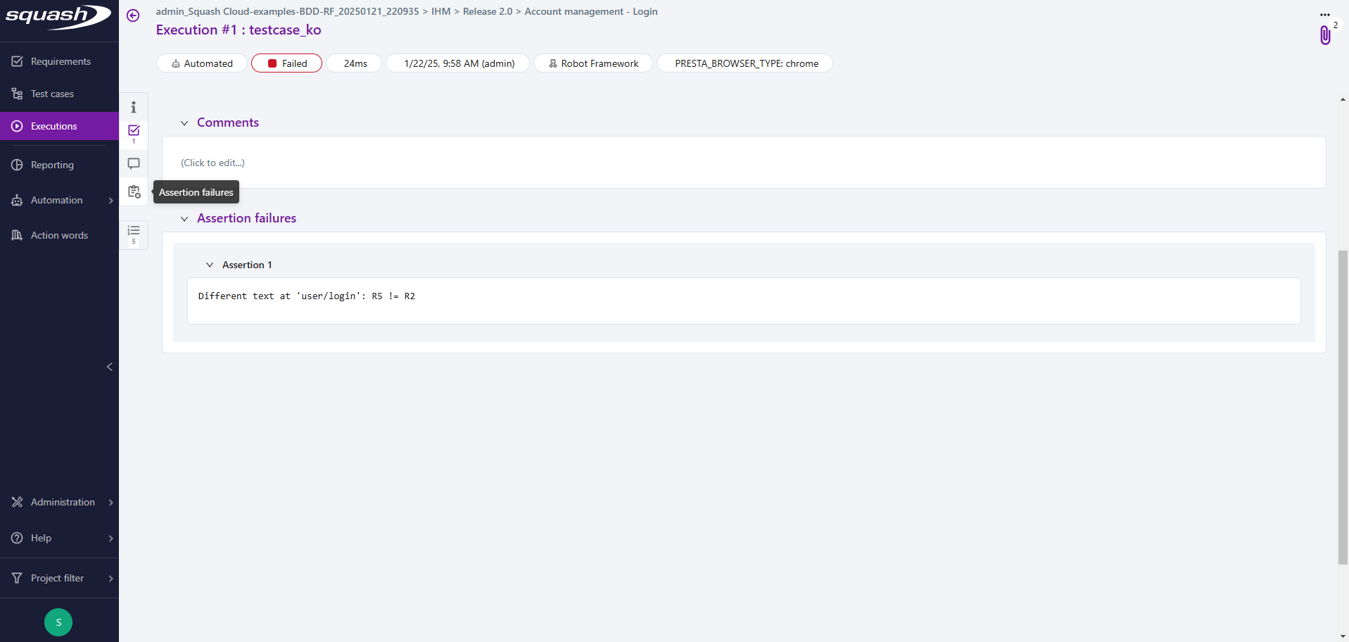 Assertion failures on the execution page