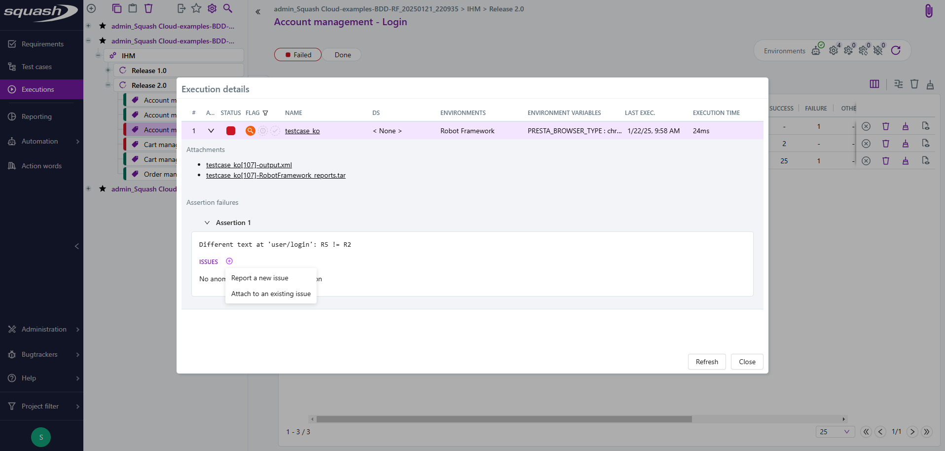 Report or attach an issue to an assertion