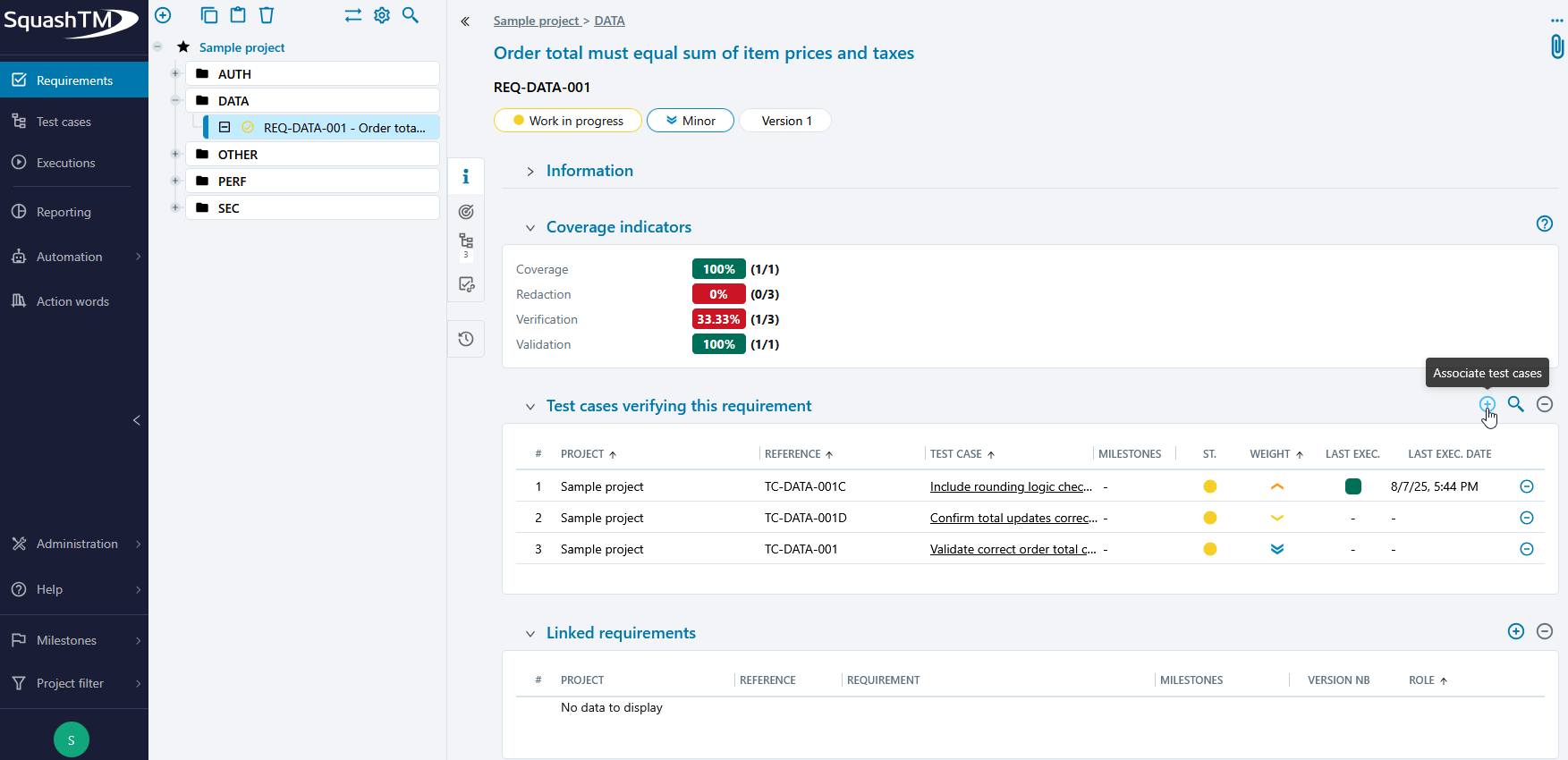 Associate tes cases button