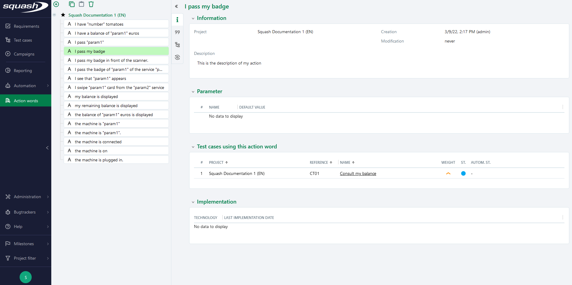 Action word Workspace