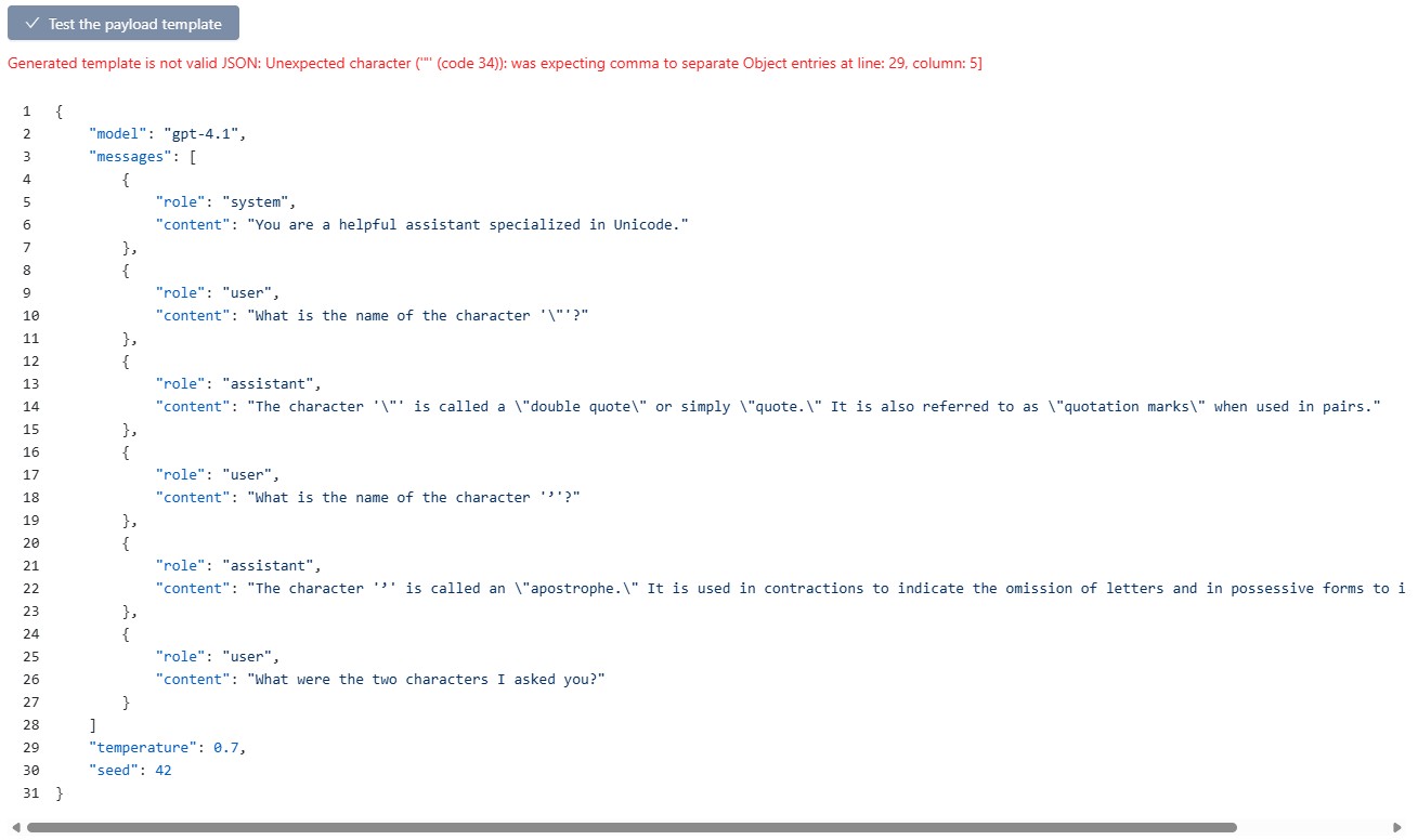 Validation of a custom AI server showing some invalid JSON