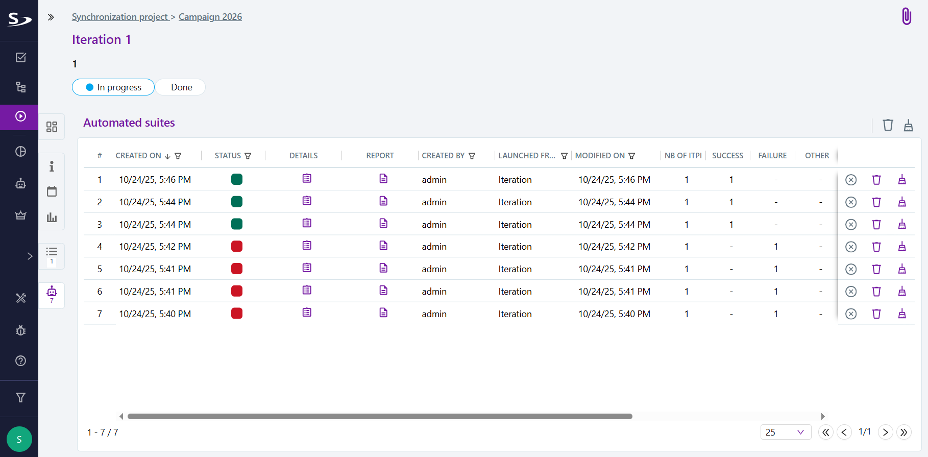 View the history of automated suites
