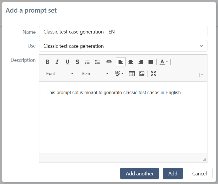Prompt set creation pop-up