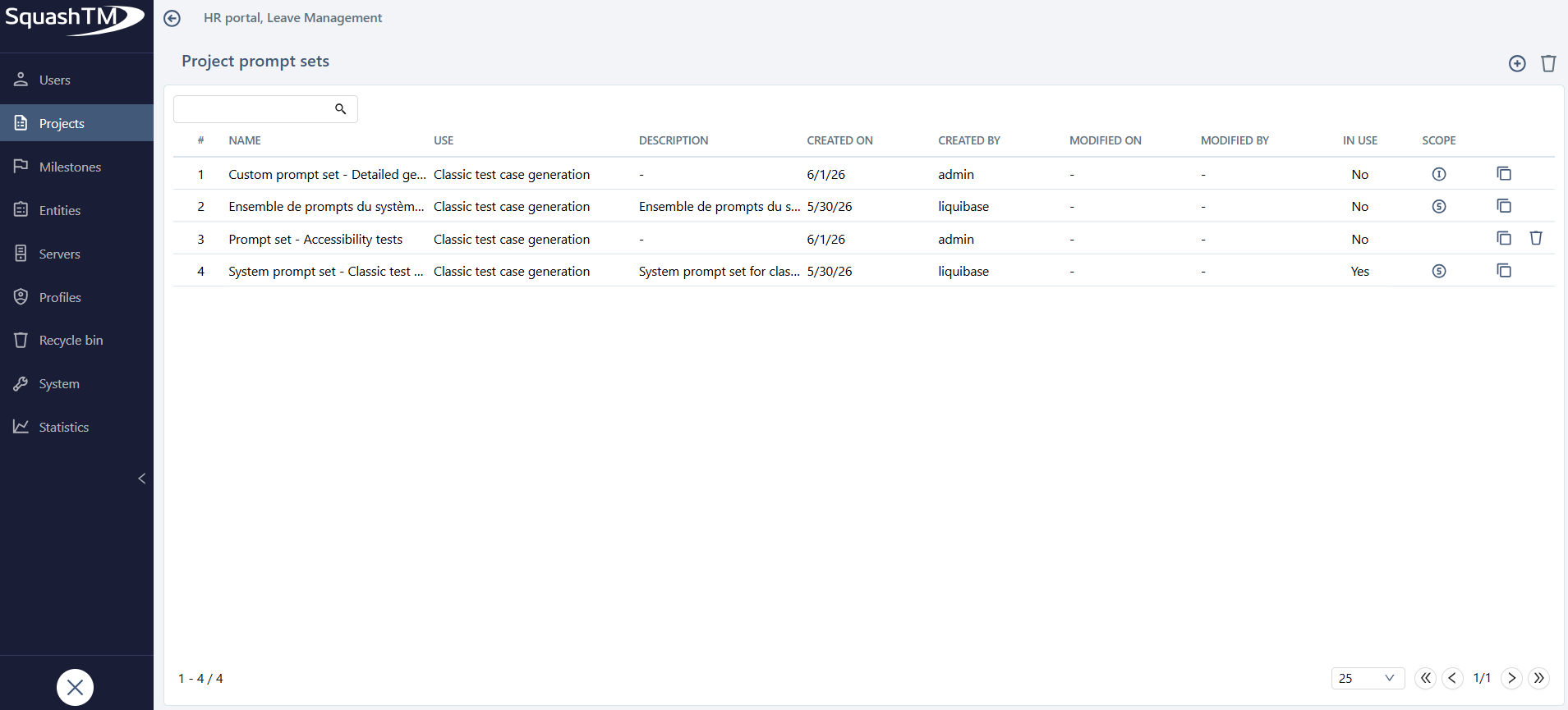 Project prompt sets management