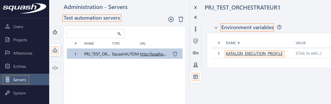 Associating the environment variable with SquashTM Orchestrator
