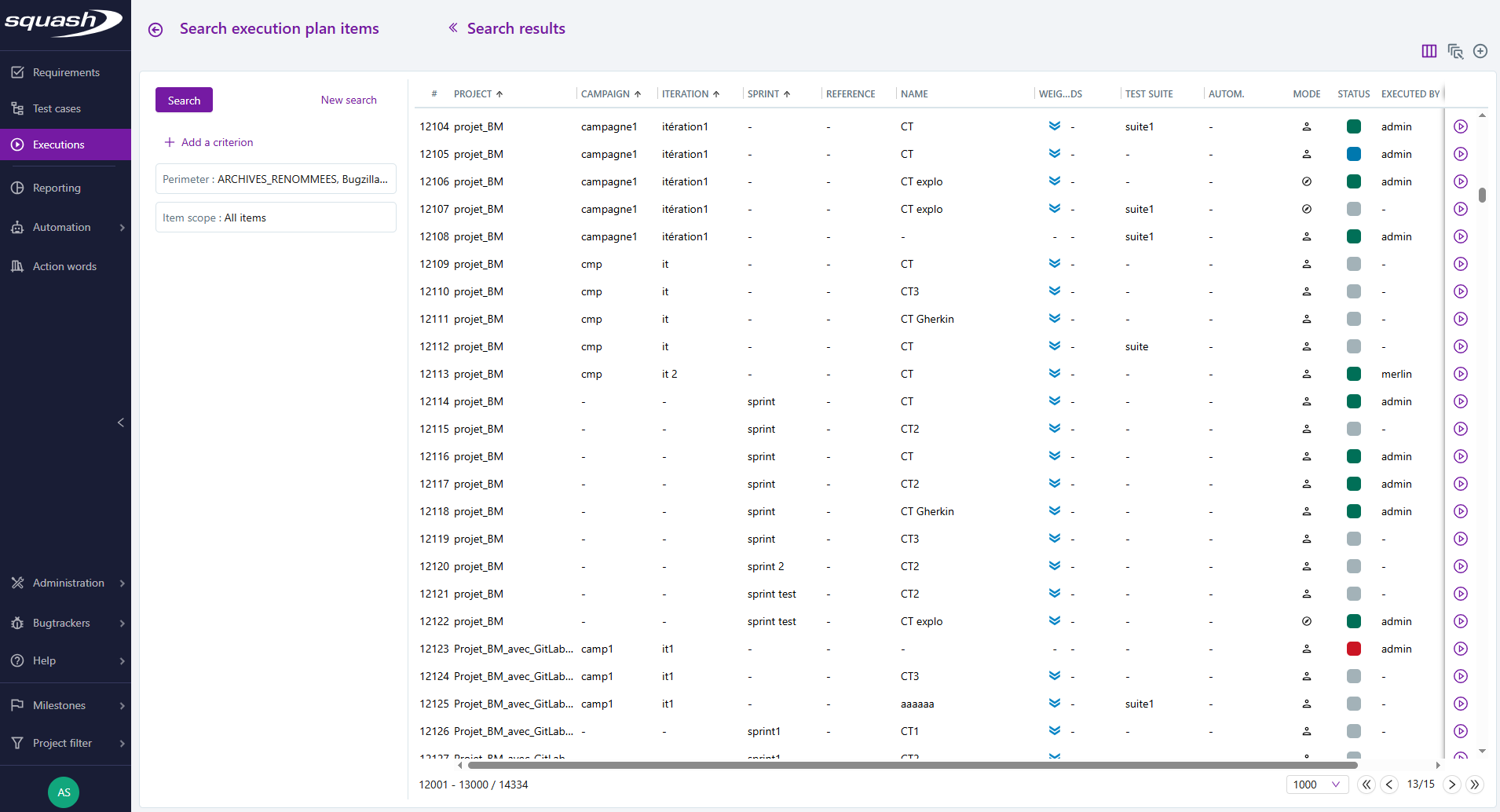 Test plan items search page