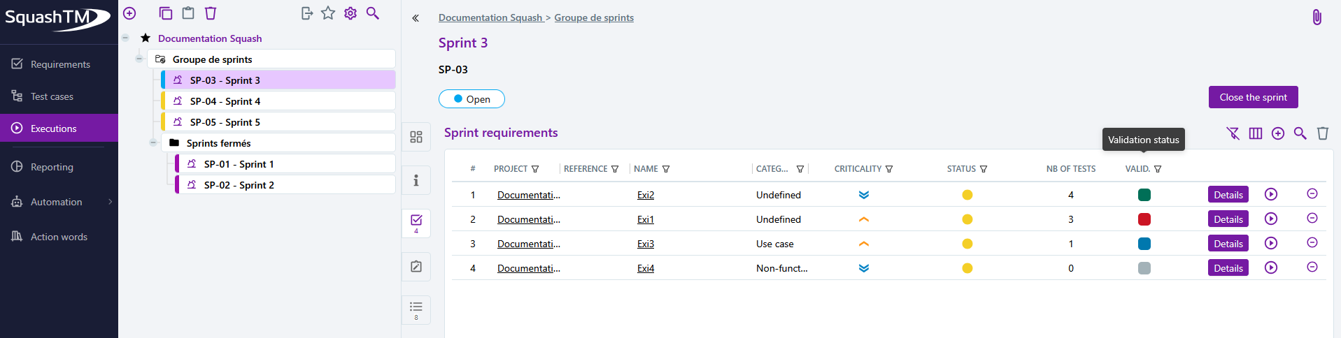 Requirement validation status
