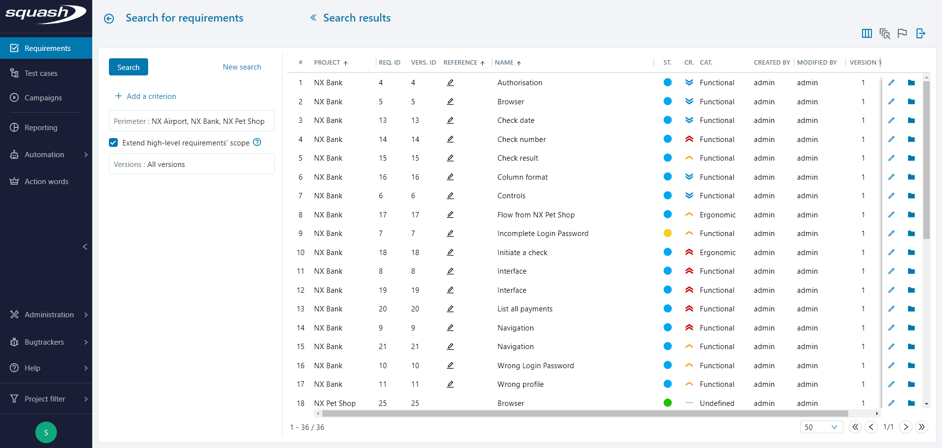 Requirements search page