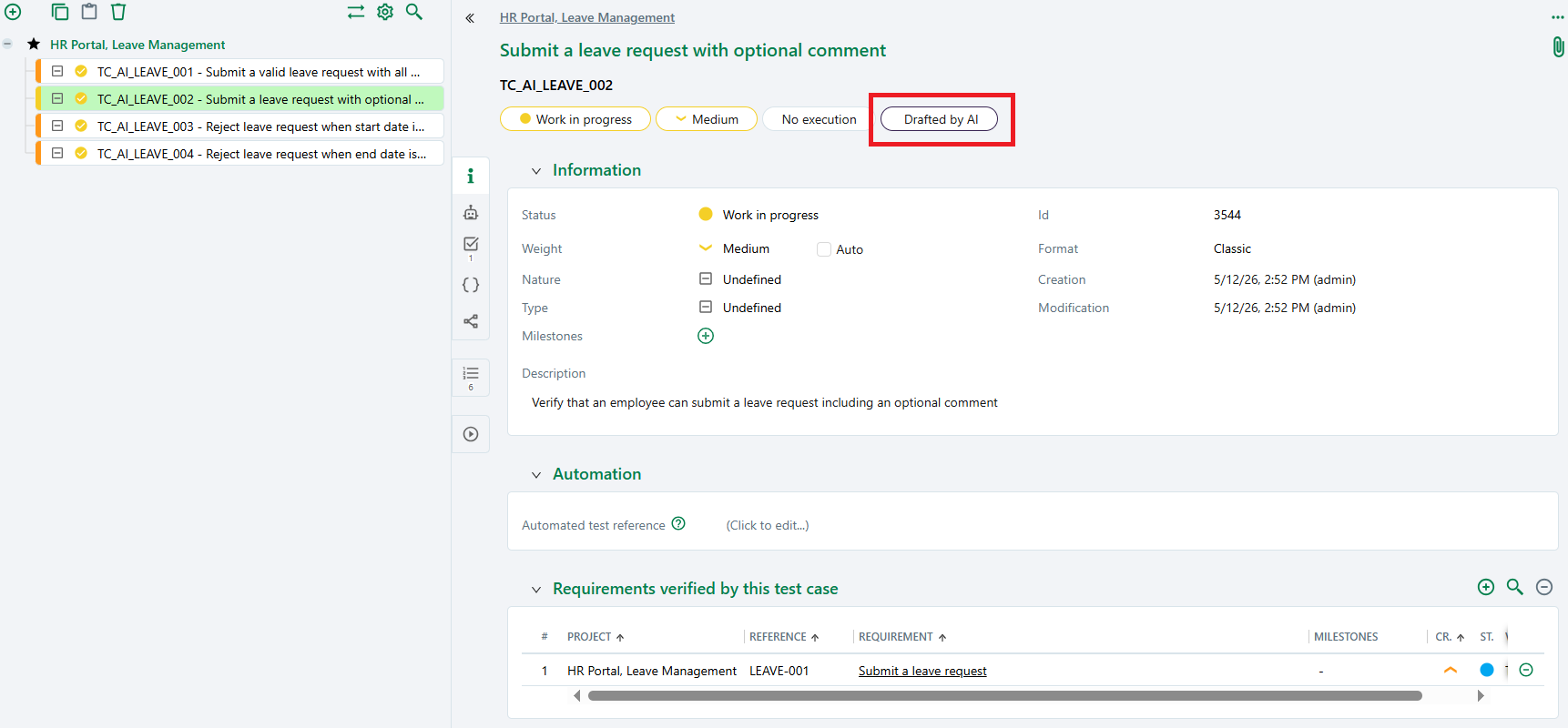Test case created with the Drafted by AI label