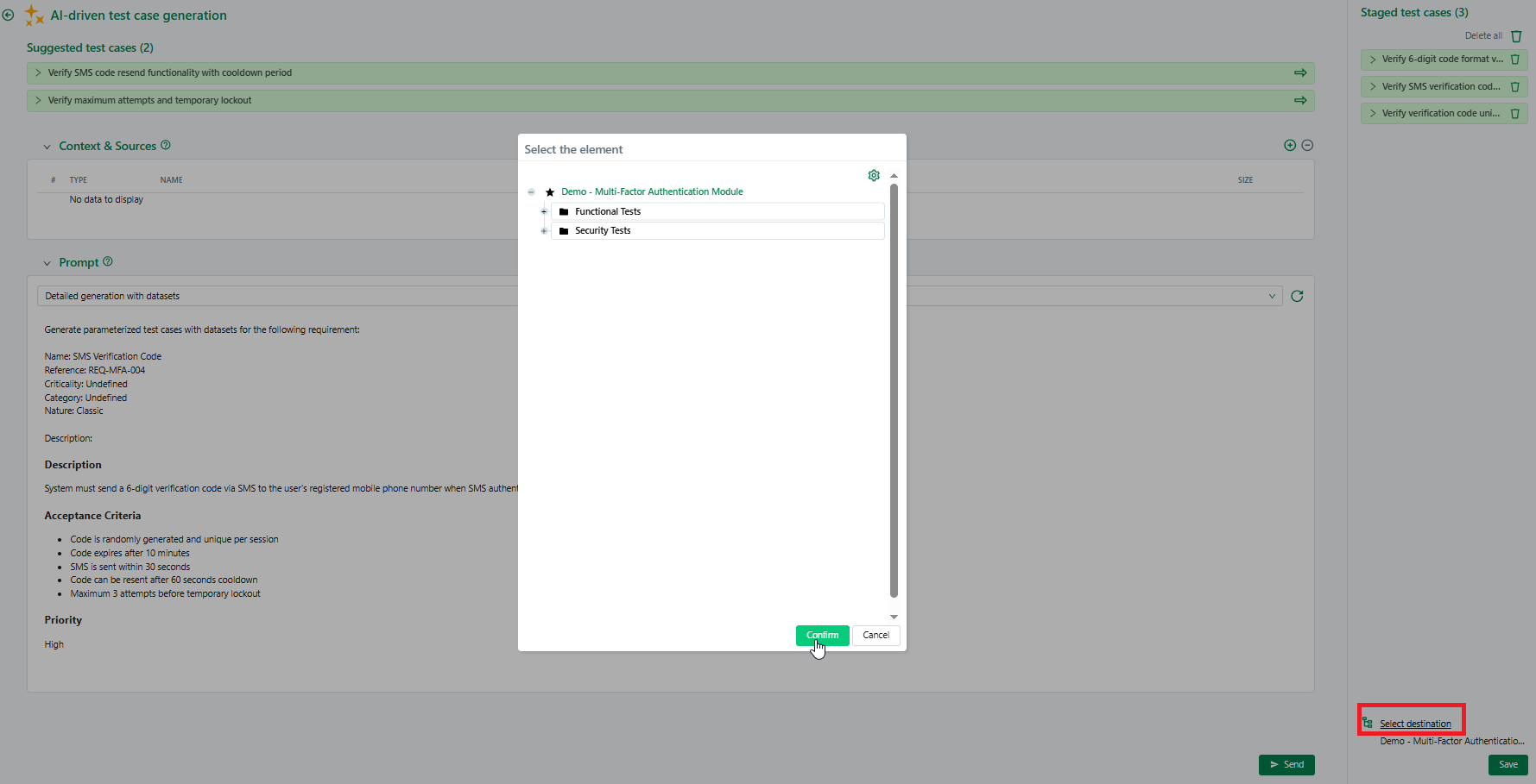Destination folder selection pop-up