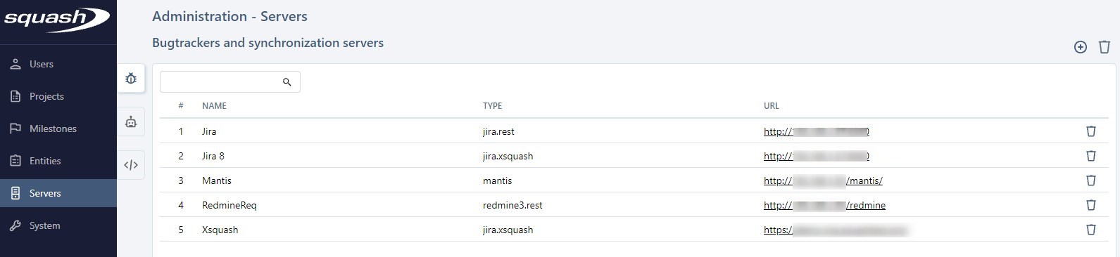 Table - Manage bugtrackers and synchronization servers