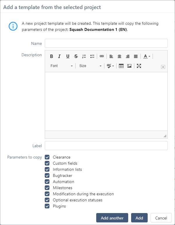 Popup - Create a template from the selected project