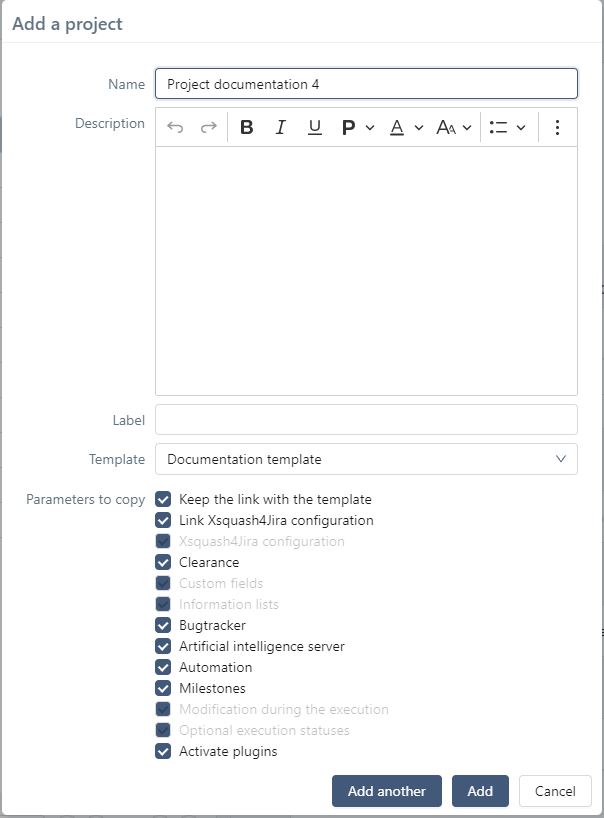 Pop-up - Create a template from the selected project