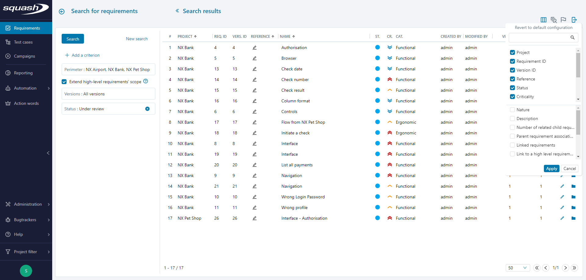 Find an object - Column configuration