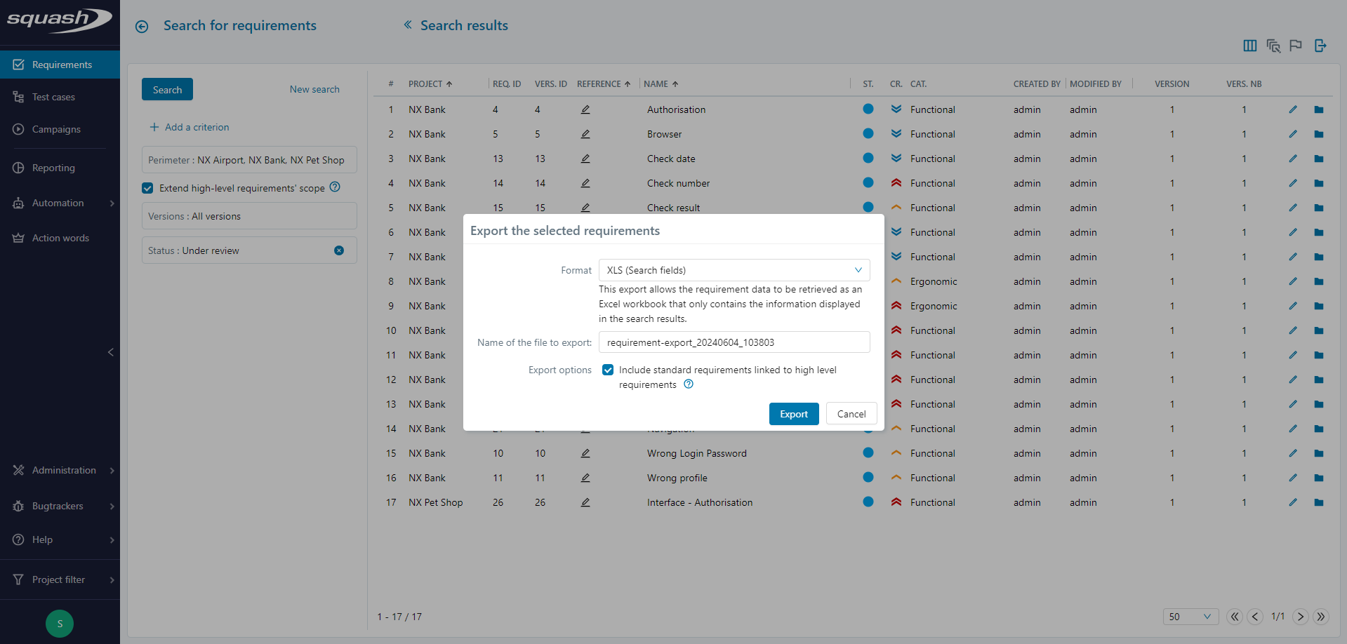 Search for an object - export results