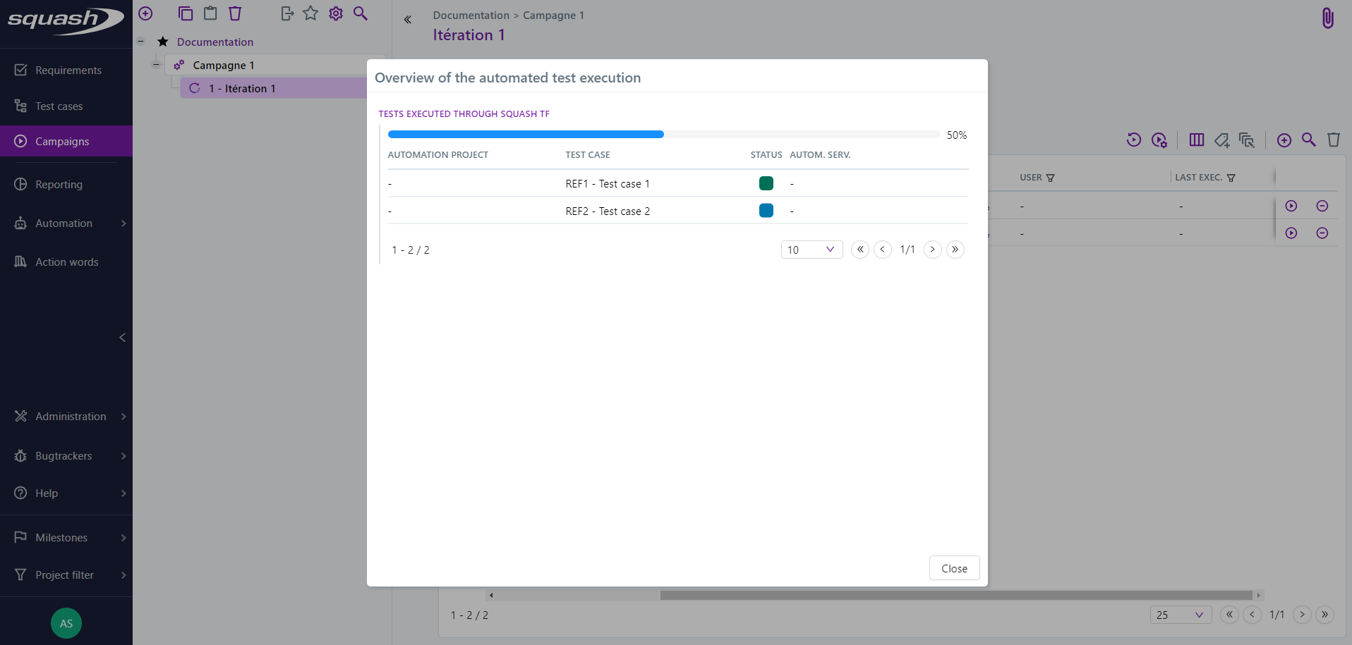 Pop-up for monitoring the automatic execution of tests