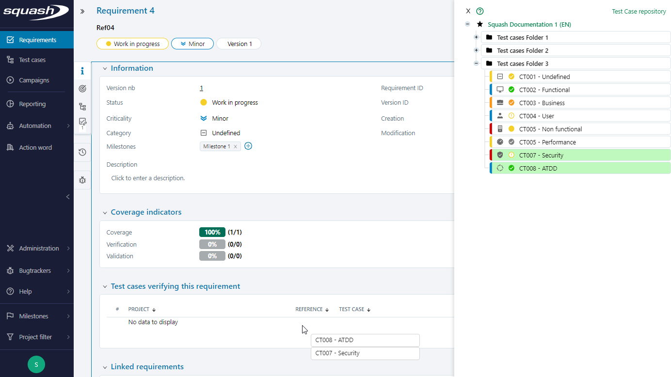 Associating test cases with a requirement