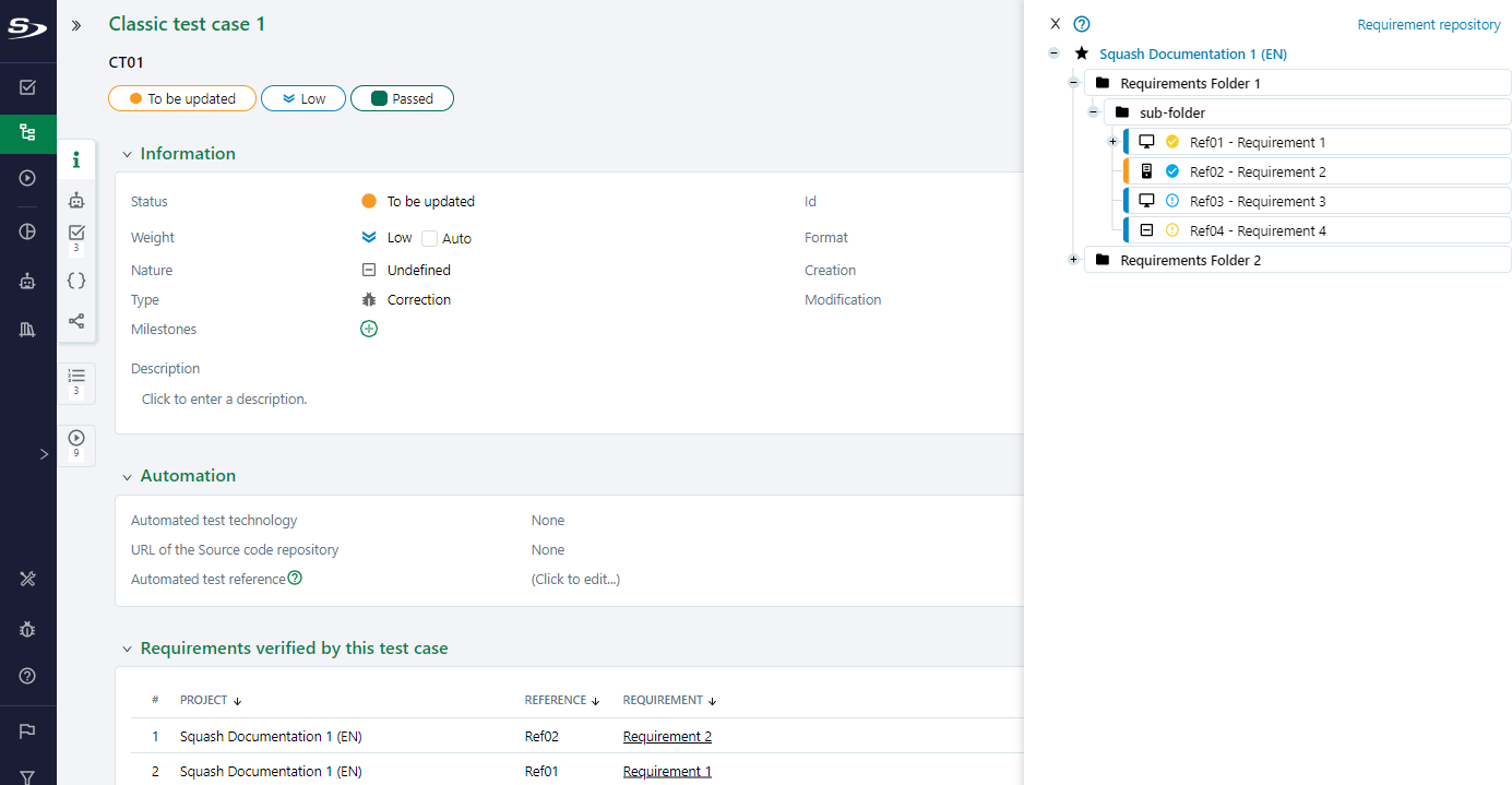 Associate requirements with a test case