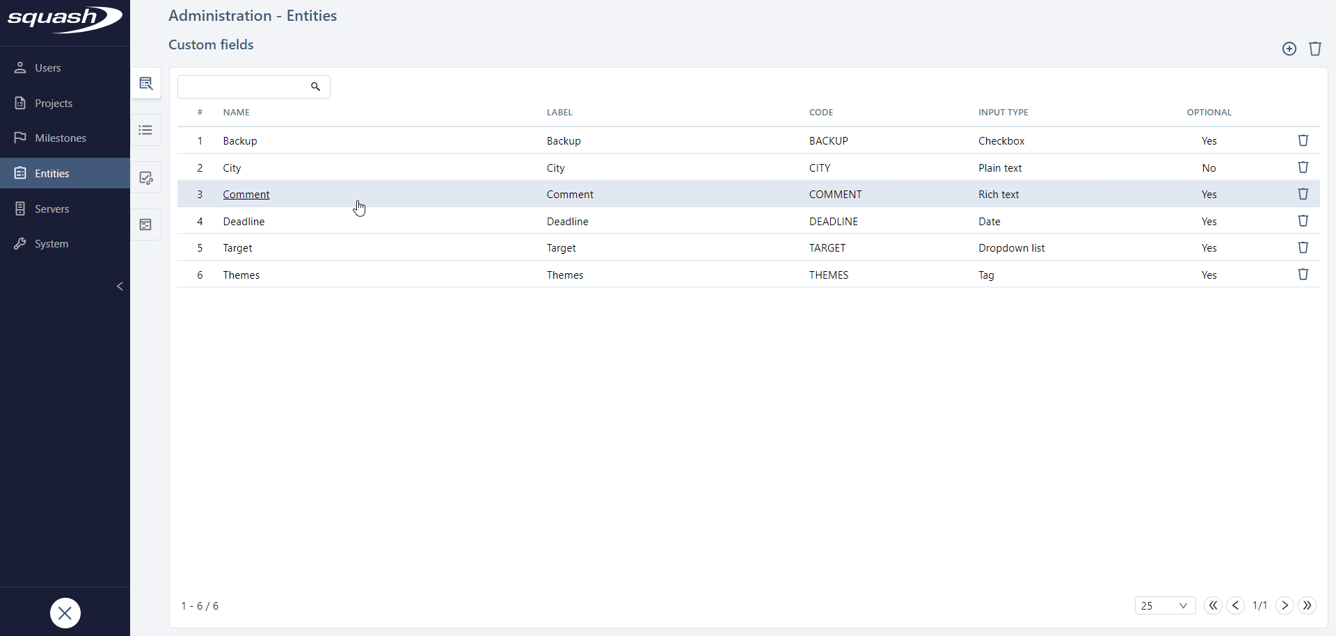 Table - Manage Custom Fields