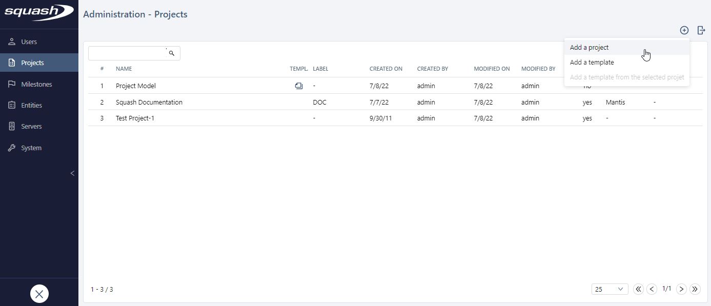 Manage projects table