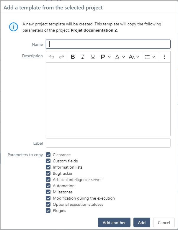 Pop-up - Create a template from a project