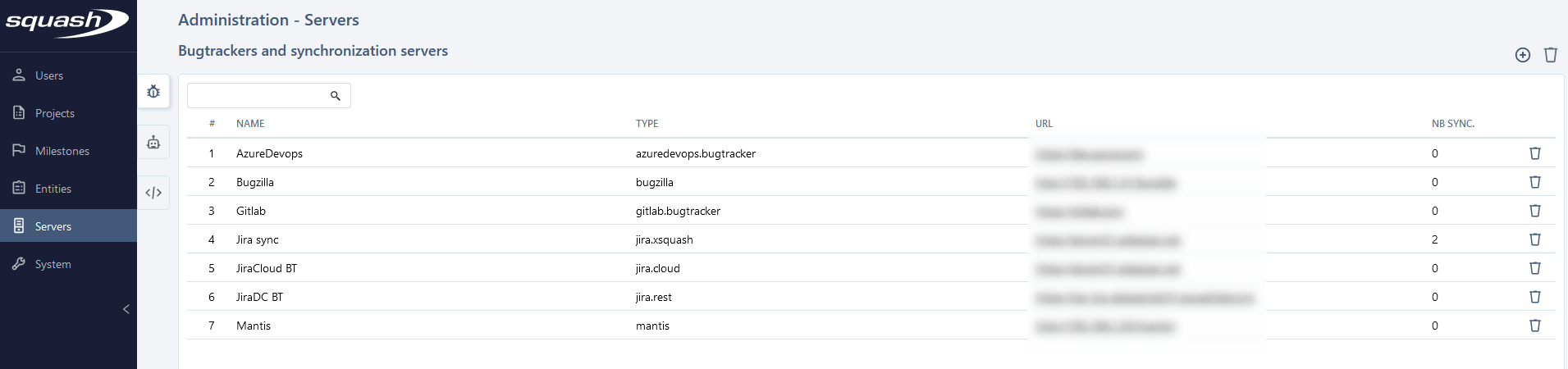 Table - Manage bugtrackers and synchronization servers