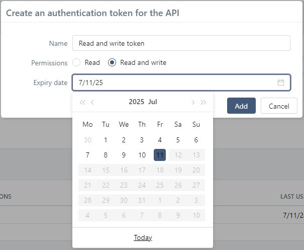 Create token popup