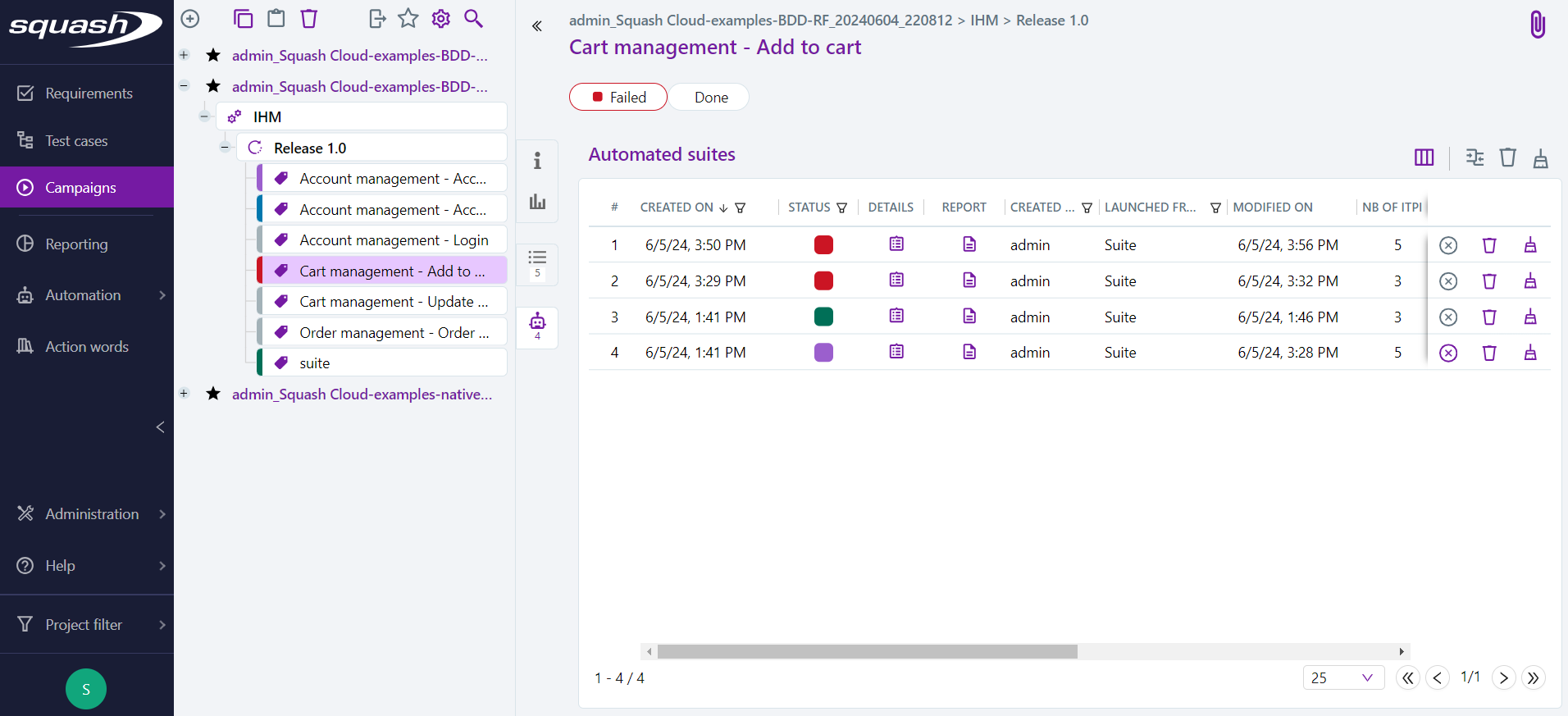 View the history of automated suites