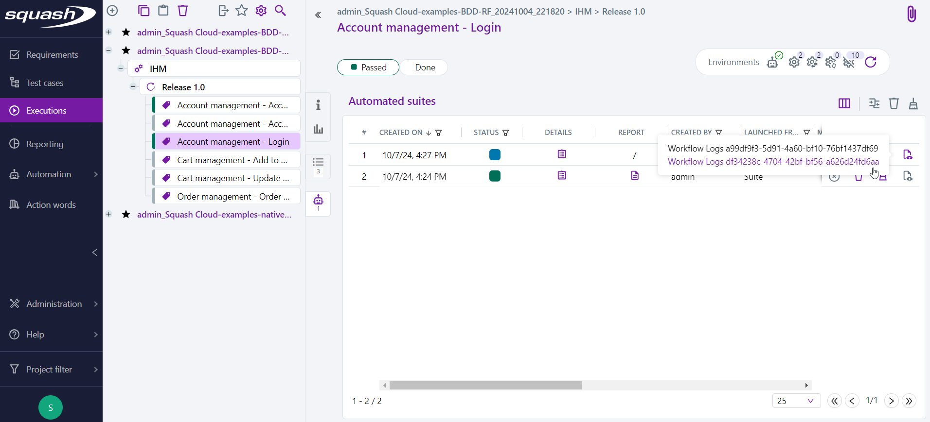 Workflow Execution Logs Menu