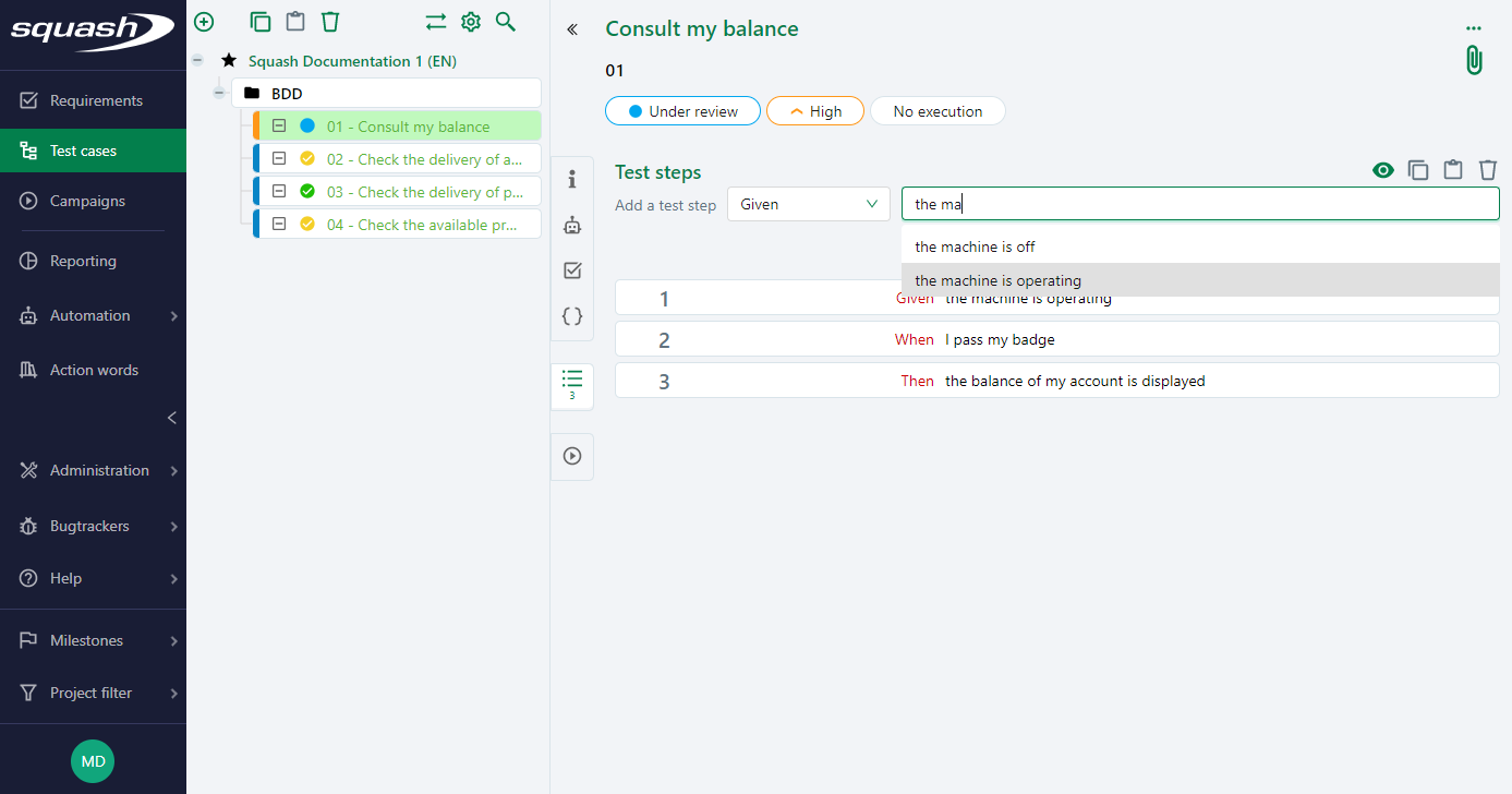 BDD test step action suggestion