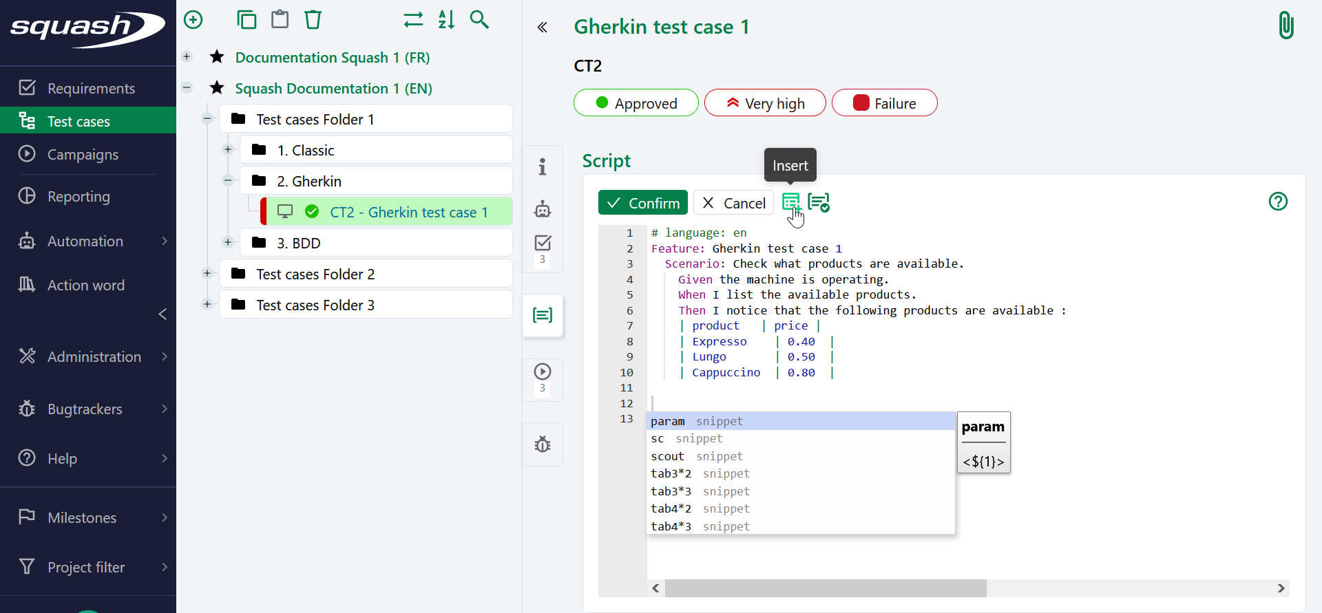 Insert snippets in a Gherkin script