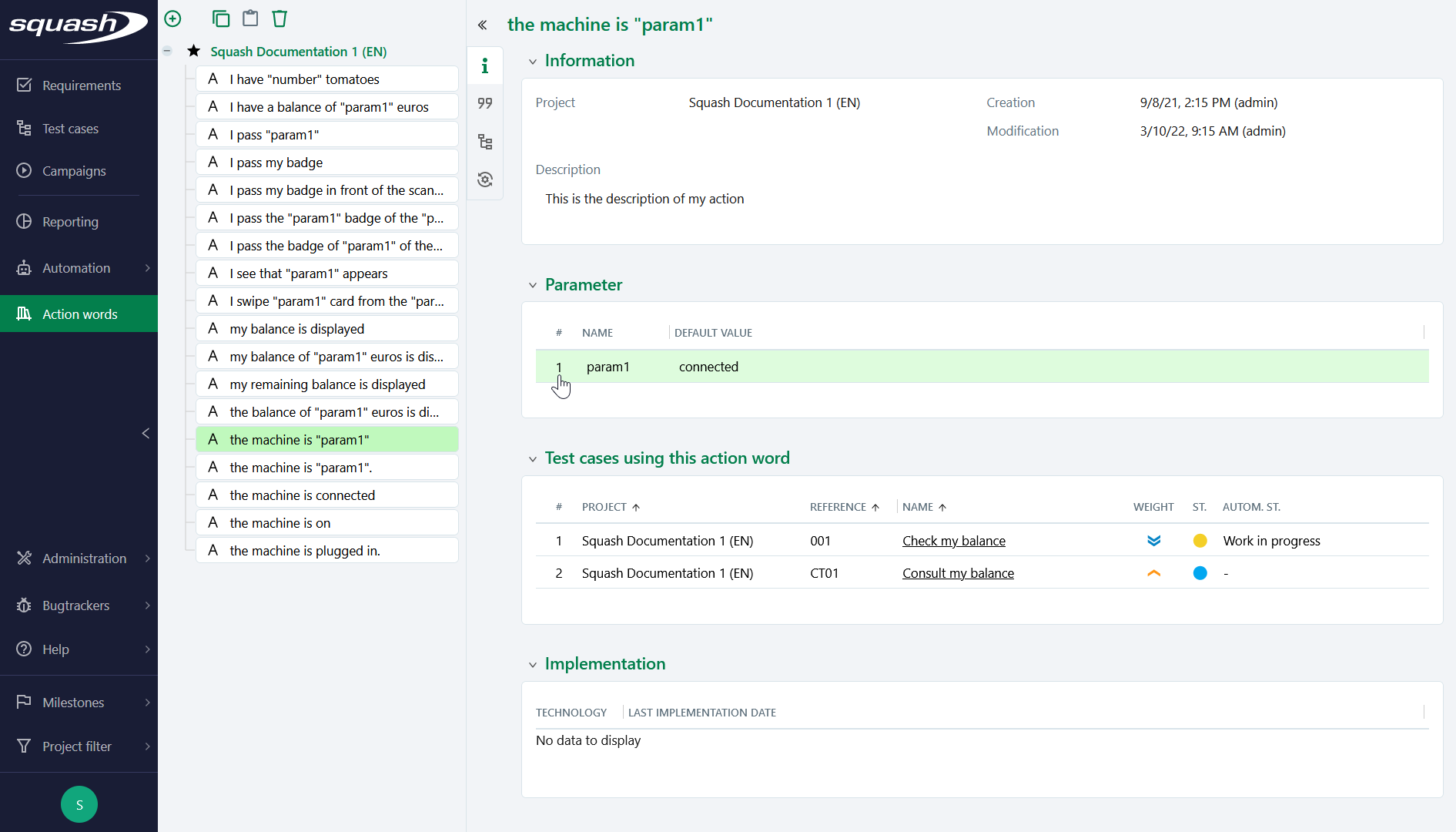 Free parameter of a BDD test step